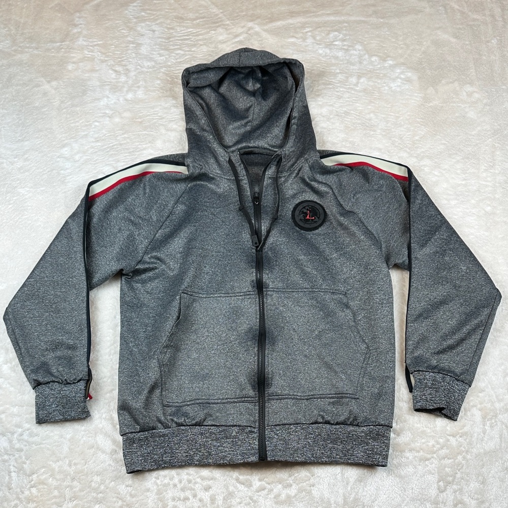 Gray Hoodie w/ Red and White Accents - Rubber Crest On Chest - Loose Fit